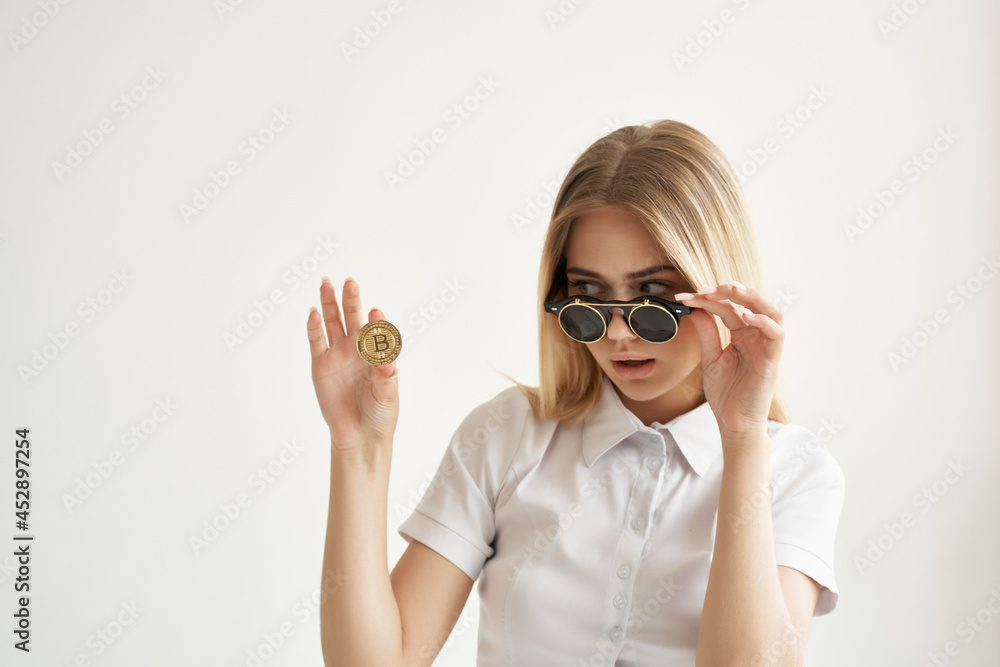 pretty blonde with glasses cryptocurrency bitcoin emotions technology