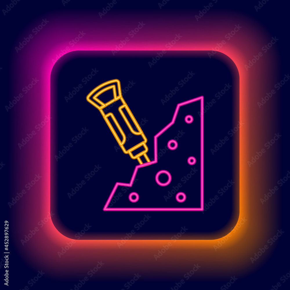 Glowing neon line Construction jackhammer and stone icon isolated on black background. Colorful outline concept. Vector Glowing neon line Construction jackhammer and stone icon isolated on black background. Colorful outline concept. Vector