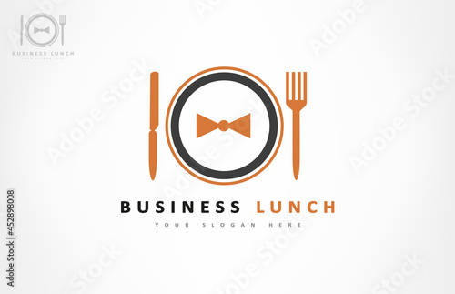 Bow tie, fork, knife and plate of logo. Business lunch design.