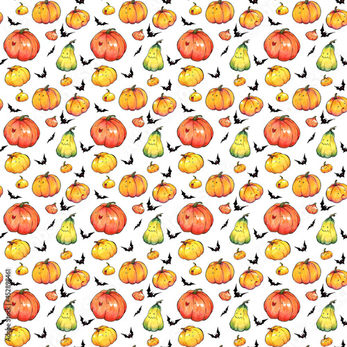 Fototapeta Naklejka Na Ścianę i Meble -  seamless watercolor pattern with funny pumpkins and bats on white background