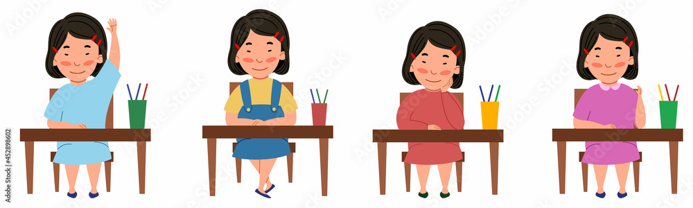 A set of illustrations with a student sitting at a classroom desk. The Asian girl at the table raised her hand. Modern vector illustration in a flat style, isolated on a white background.