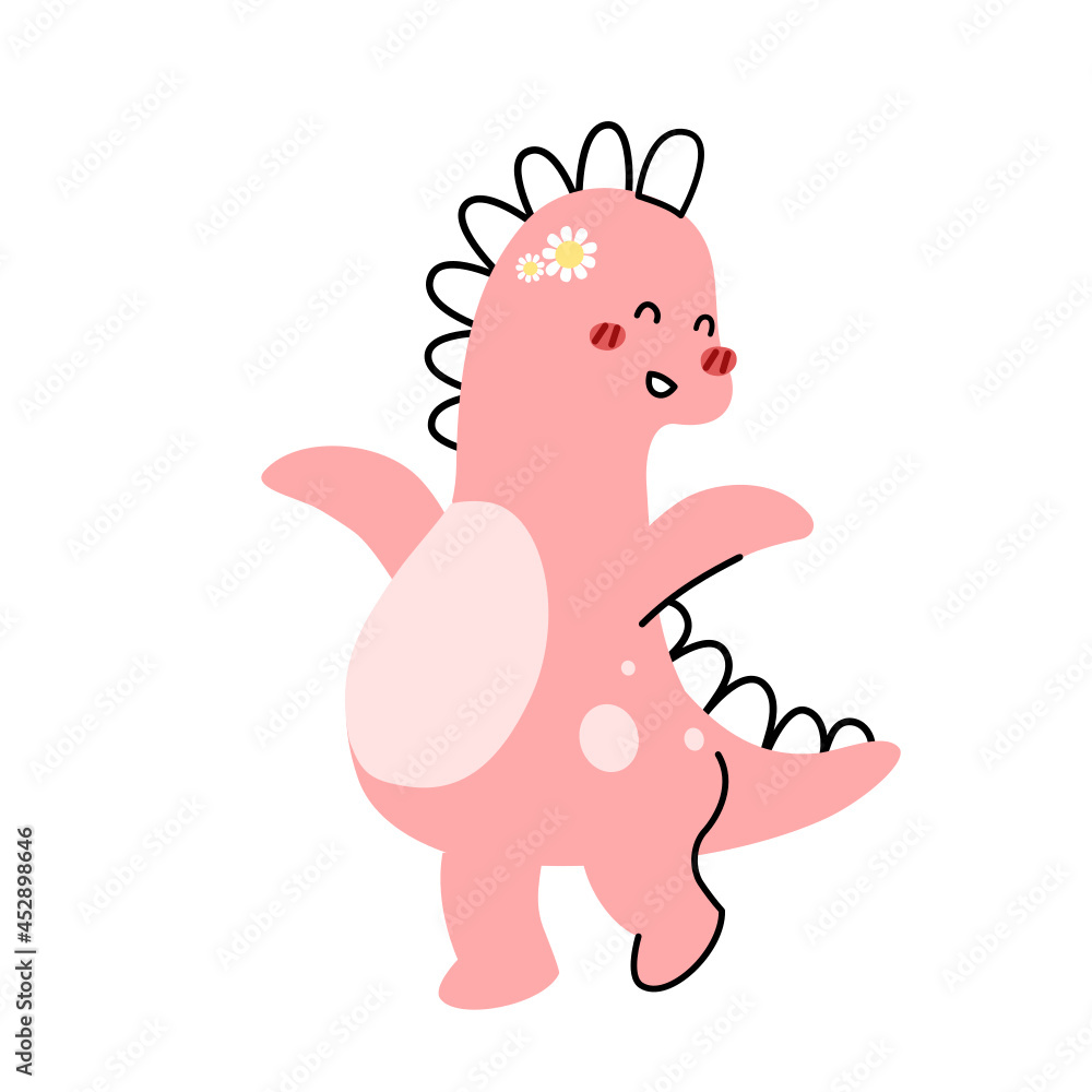 A cute pink dinosaur cartoon character flat vector illustration isolated on white background. Girly dino cute character for kids. Cute animal for kids T-shirt, scrapbook, pattern.