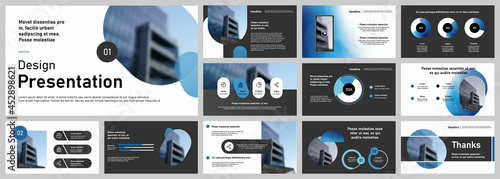 Set of vector slides for presentations and reports. Geometric elements with infographics in minimal design on a white background. Can be used for brochures, flyers, booklets, banners, web interfaces.