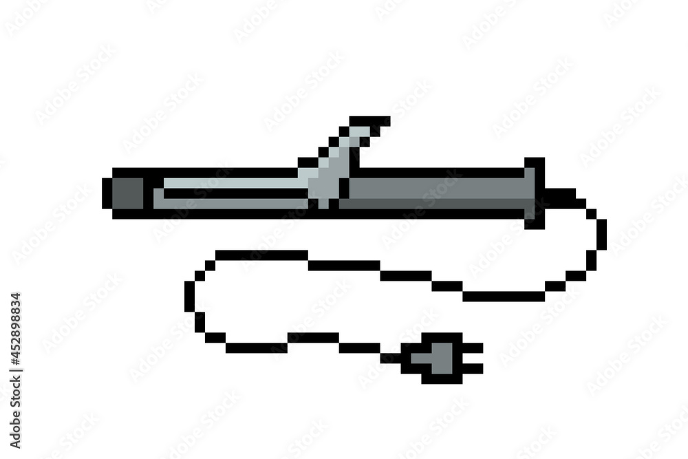 Pixel art curling iron icon isolated on white background. 8 bit hair curler symbol. Beauty salon styling tongs device. Old school vintage retro 80s, 90s 2d computer, video game, slot machine graphics.
