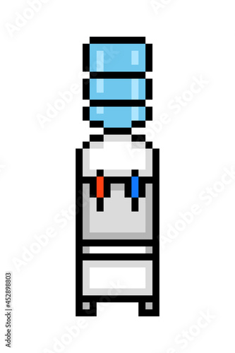 Bottled hot and cold water dispenser, pixel art icon isolated on white background. Office cooler symbol. Old school vintage retro 80s, 90s 2d computer, video game, slot machine graphics.