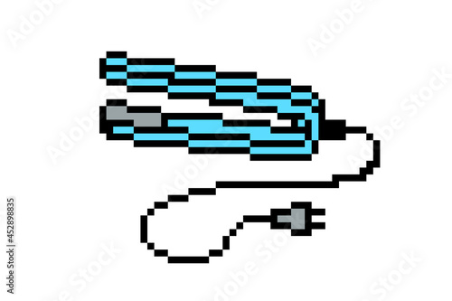 8 bit pixel art straightening flat iron symbol isolated on white background. Beauty salon styling device icon. Old school vintage retro 80s, 90s 2d computer, video game, slot machine graphics.