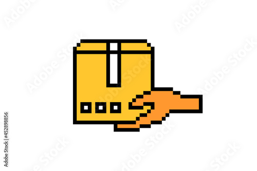 8 bit pixel art hand holding mailing box isolated on white background. Package delivery icon. Post service symbol. Old school vintage retro 80s, 90s 2d computer, video game, slot machine graphics.