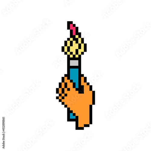 8 bit pixel art hand holding paintbrush covered with red paint symbol isolated on white background. Old school vintage retro 80s, 90s 2d computer, video game, slot machine graphics.