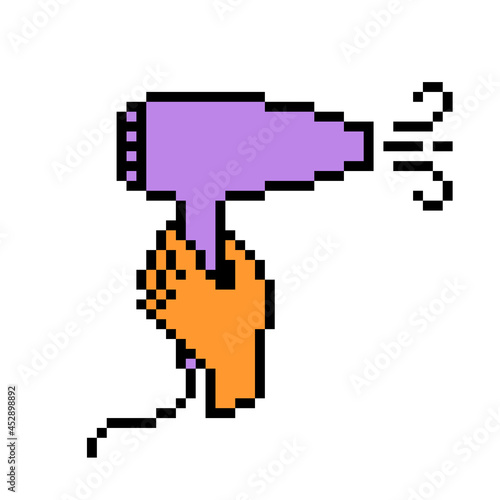 8 bit pixel art hand holding purple hair dryer symbol isolated on white background. Beauty salon styling device icon. Old school vintage retro 80s, 90s 2d computer, video game, slot machine graphics.