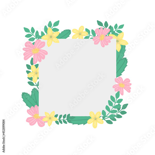 Cute yellow and pink flowers frame illustration. Flowers and leaves frame template for postcards or invitation. © Ivanova EM