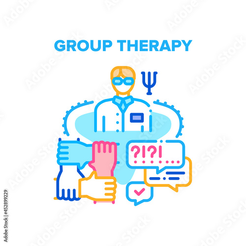 Group Therapy Vector Icon Concept. Counselor Therapist Doctor Coach Psychologist Speak And Counseling On Group Therapy Session. Collective Psychological Medical Support Color Illustration © PikePicture
