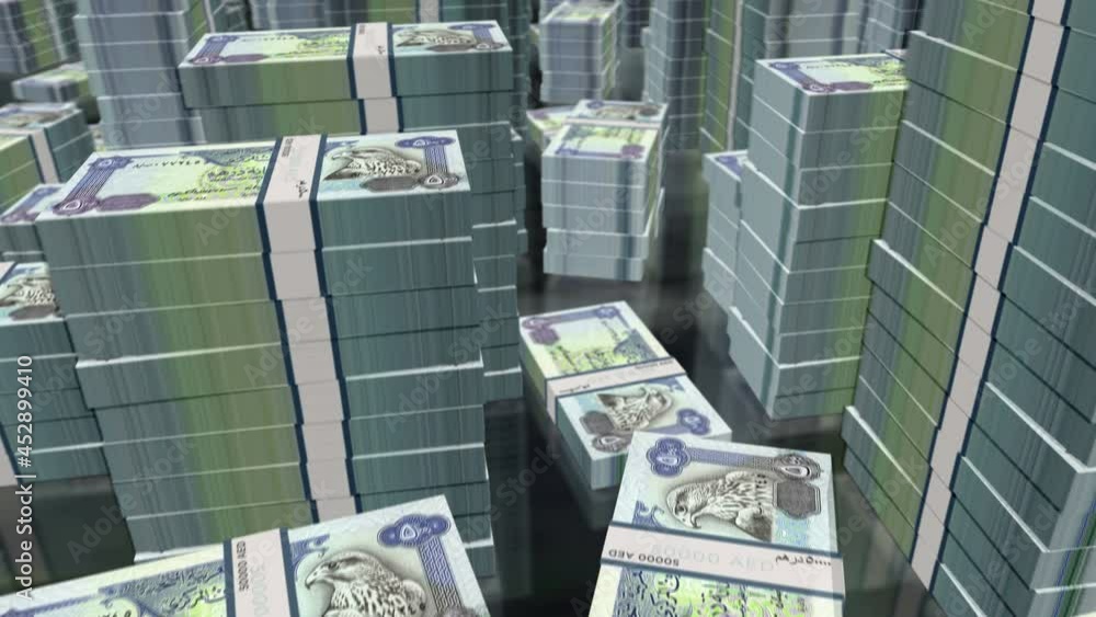 Dubai Dirhams Arab Emirates money notes packs loop. 3D flight over 500 AED banknotes stacks towers. Loopable seamless abstract background concept of business, economy crisis, recession and finance. Dubai Dirhams Arab Emirates money notes packs loop. 3D flight over 500 AED banknotes stacks towers. Loopable seamless abstract background concept of business, economy crisis, recession and finance.