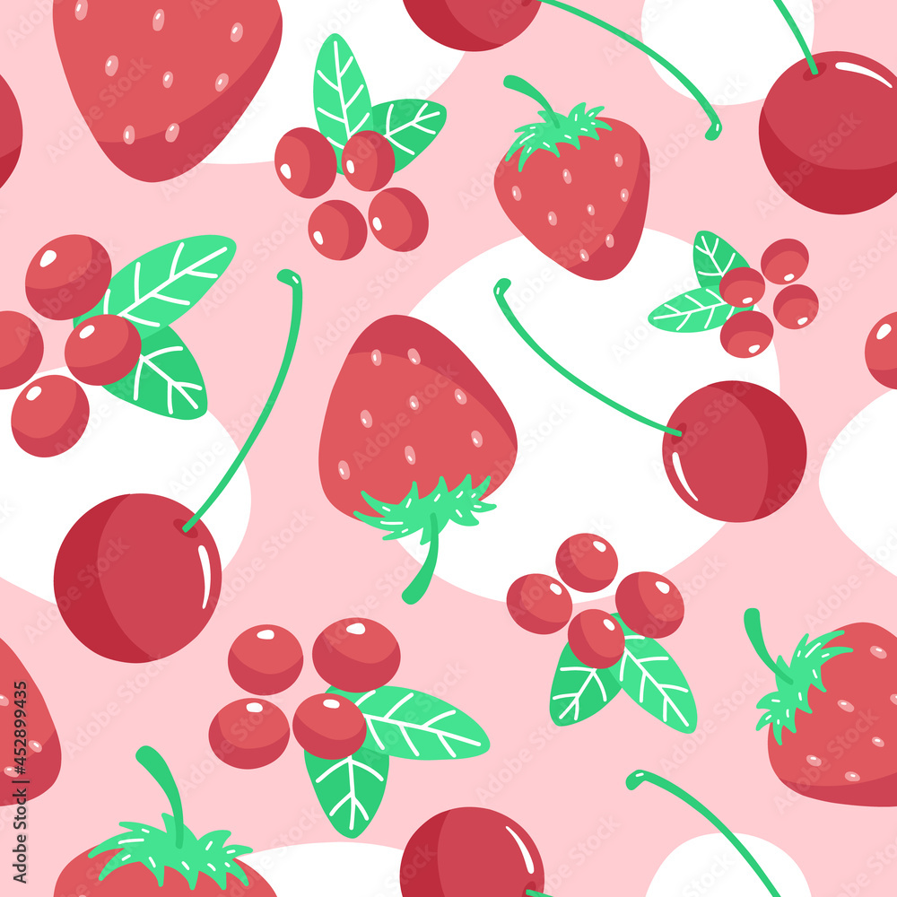 Colorful strawberries and cherry pattern. Cute illustration of berries. Isolated on pink background. Colorful strawberries and cherry pattern. Cute illustration of berries. Isolated on pink background.
