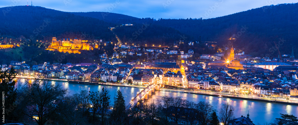 Fototapeta premium ドイツ ハイデルベルグの哲学者の道から望む旧市街の夜景とネッカー川