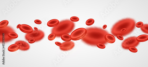 Realistic flowing erythrocyte. 3d red blood cells on white background. Medical concept. Low hemoglobin levels. Vector illustration