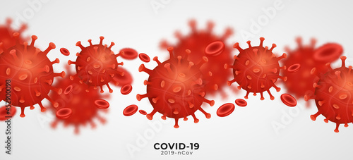 Coronavirus 2019-nCoV with blood cells. Pathogen organism. Covid-19 epidemic infectious disease. Cellular infection. 3D virus model. Medical cover. Vector illustration