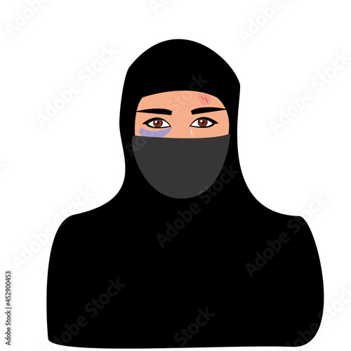 Muslim woman in hijab .Problem of rights and is censored. Female victim of gender-based inequality, abuse and aggression. Suffering from physical and mental violence,  harassment, spousal assault. 