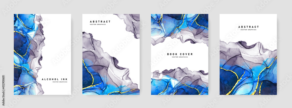 Pack of original abstract brochure cover layout with blue and grey alcohol ink texture, background for print materials, watercolor texture, organic wave shapes, booklet template design for business - obrazy, fototapety, plakaty 