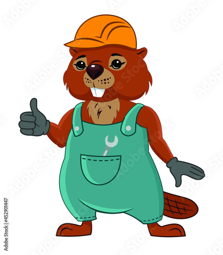 Beaver character in work overalls and protective helmet, cartoon, vector, mascot 