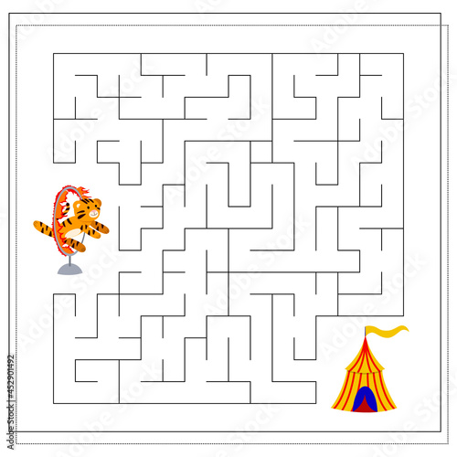 A logical game for children, pass the maze. tiger in the circus, Chinese New year. vector isolated on a white background