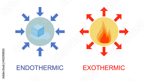 Illustration of exothermic and endothermic heat transfer concept.
