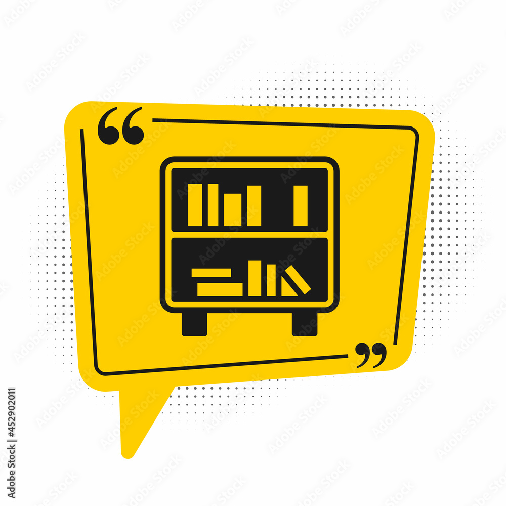 Black Shelf with books icon isolated on white background. Shelves sign. Yellow speech bubble symbol. Vector Black Shelf with books icon isolated on white background. Shelves sign. Yellow speech bubble symbol. Vector