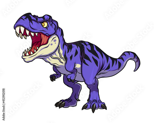 Purple t rex dinosaur dino cool t-rex style 2D chibi illustration raptor art for sport logo  tshirt design  printing and esport team mascot.