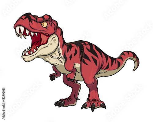 Red t rex dinosaur dino cool t-rex style 2D chibi illustration raptor art for sport logo  tshirt design  printing and esport team mascot.