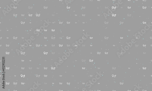 Seamless background pattern of evenly spaced white gender symbols of different sizes and opacity. Vector illustration on grey background with stars