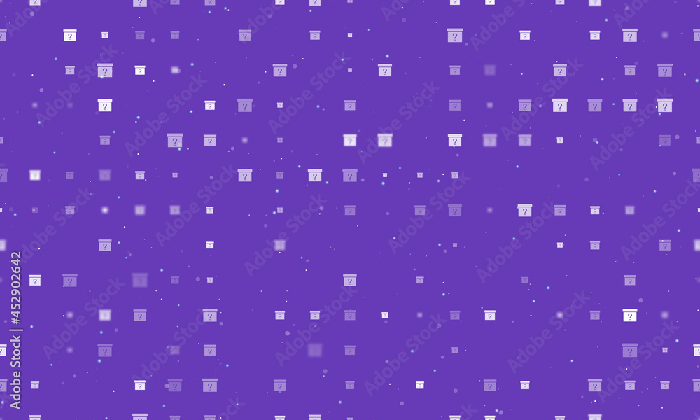 Seamless background pattern of evenly spaced white gift box with a question symbols of different sizes and opacity. Vector illustration on deep purple background with stars Seamless background pattern of evenly spaced white gift box with a question symbols of different sizes and opacity. Vector illustration on deep purple background with stars