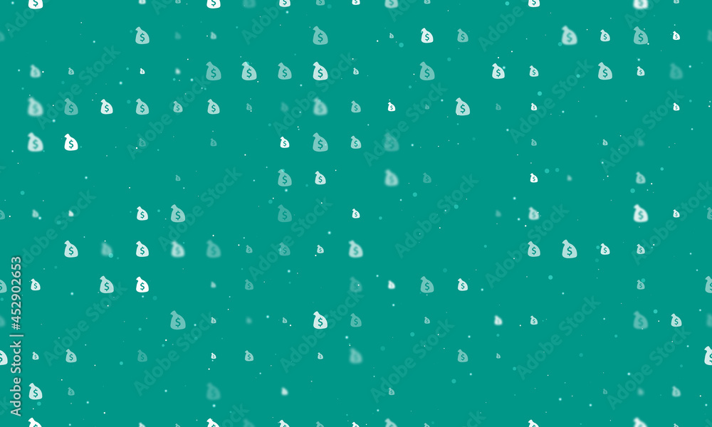 Seamless background pattern of evenly spaced white bag of money symbols of different sizes and opacity. Vector illustration on teal background with stars