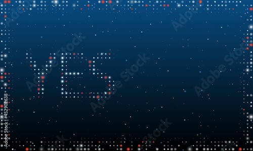 On the left is the yes symbol filled with white dots. Pointillism style. Abstract futuristic frame of dots and circles. Some dots is red. Vector illustration on blue background with stars