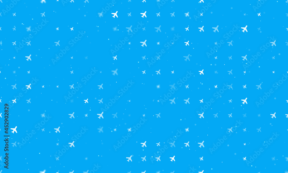 Seamless background pattern of evenly spaced white plane symbols of different sizes and opacity. Vector illustration on light blue background with stars