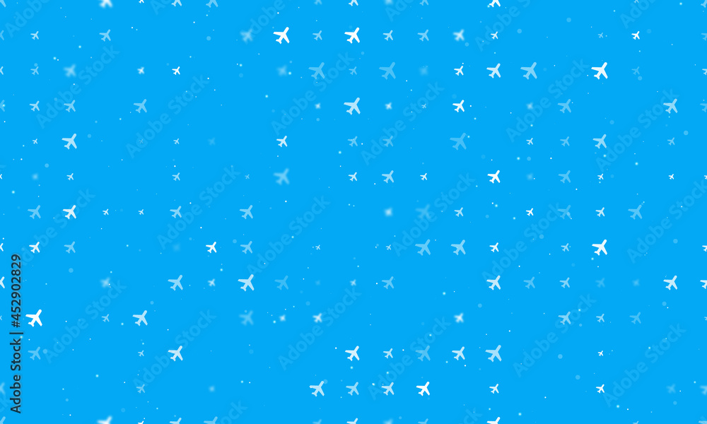 Seamless background pattern of evenly spaced white plane symbols of different sizes and opacity. Vector illustration on light blue background with stars Seamless background pattern of evenly spaced white plane symbols of different sizes and opacity. Vector illustration on light blue background with stars