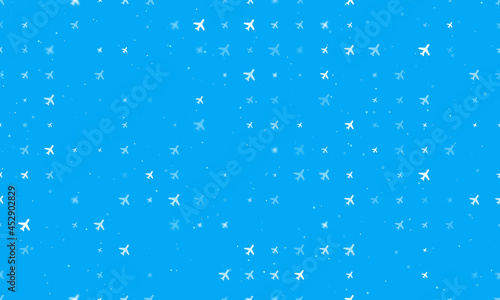 Seamless background pattern of evenly spaced white plane symbols of different sizes and opacity. Vector illustration on light blue background with stars