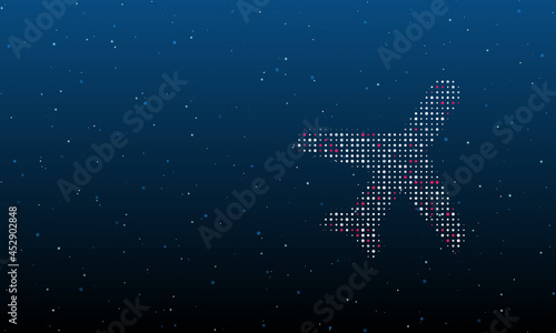 On the right is the plane symbol filled with white dots. Background pattern from dots and circles of different shades. Vector illustration on blue background with stars
