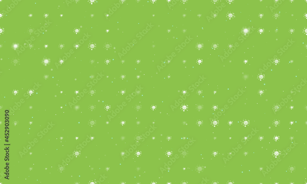Seamless background pattern of evenly spaced white cosmic symbols of different sizes and opacity. Vector illustration on light green background with stars