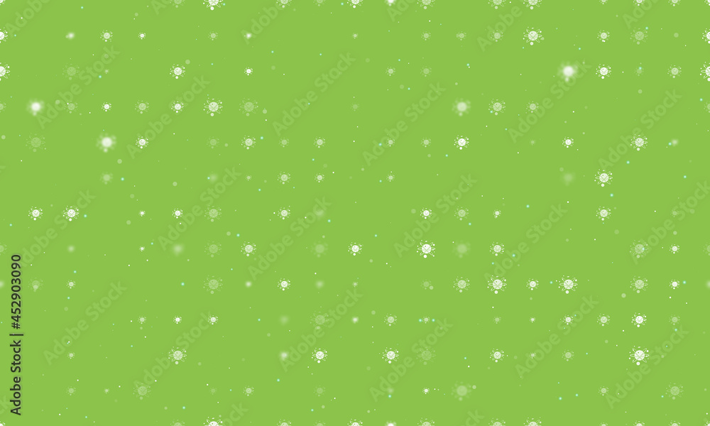 Seamless background pattern of evenly spaced white cosmic symbols of different sizes and opacity. Vector illustration on light green background with stars Seamless background pattern of evenly spaced white cosmic symbols of different sizes and opacity. Vector illustration on light green background with stars