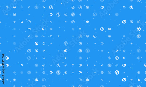 Seamless background pattern of evenly spaced white beach ball symbols of different sizes and opacity. Vector illustration on blue background with stars