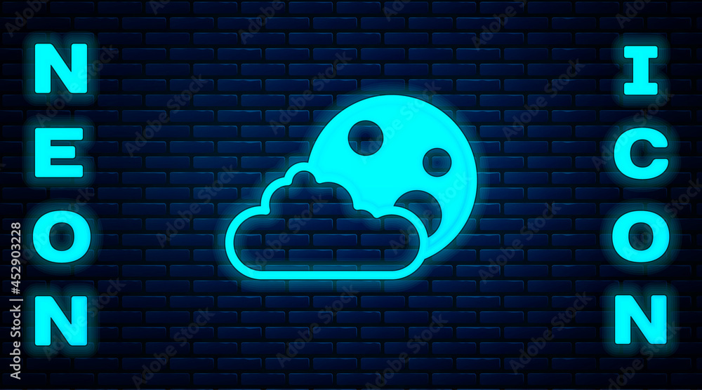 Glowing neon Moon and stars icon isolated on brick wall background. Cloudy night sign. Sleep dreams symbol. Full moon. Night or bed time sign. Vector Glowing neon Moon and stars icon isolated on brick wall background. Cloudy night sign. Sleep dreams symbol. Full moon. Night or bed time sign. Vector