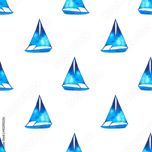 Samless pattern of watercolor illustrations with blue silhouette of sails.