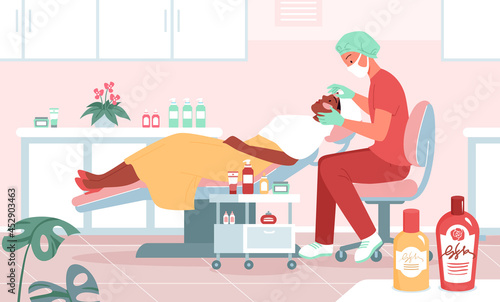 Cosmetology medicine skincare, cosmetologist doing beauty procedures, dermal beauty procedure in cosmetologist room, skin cleanng