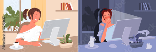 Freelance girl working day and night at home room interior vector illustration set. Cartoon busy freelancer young woman character sitting at computer to work hard overtime, deadline concept background