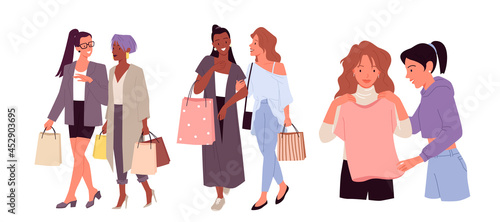 Cartoon happy stylish young shopper woman characters walk with shopping bags, lady trying on clothes in retail store isolated on white. Girls shopping set, fashion shop sale vector illustration