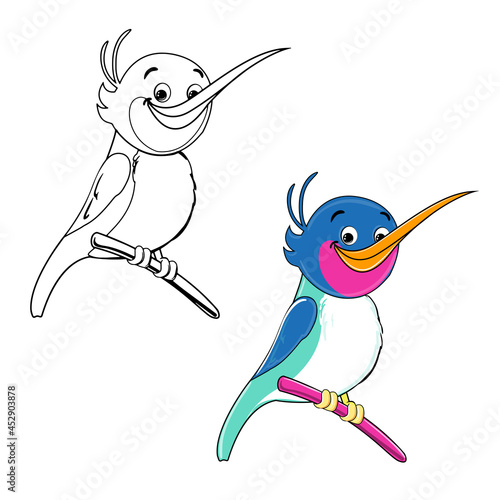 Cute bird one line coloring book for children and color. Vector illustration of funny animals for kids. T-shirt design