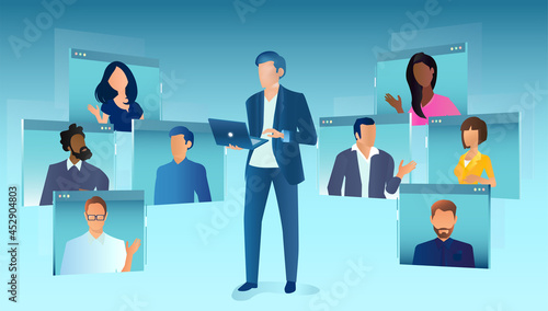 Vector of businesspeople using video conference modern technology