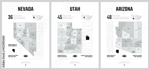 Highly detailed vector silhouettes of US state maps, Division United States into counties, political and geographic subdivisions of a states, Mountain - Nevada, Utah, Arizona - set 14 of 17