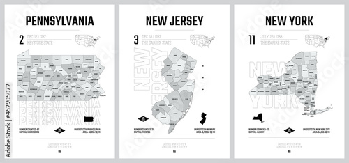 Highly detailed vector silhouettes of US state maps, Division United States into counties, political and geographic subdivisions of a states, Pennsylvania, New Jersey, New York - set 3 of 17