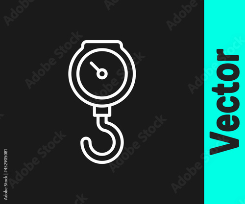 White line Hand scale spring mechanical icon isolated on black background. Vector