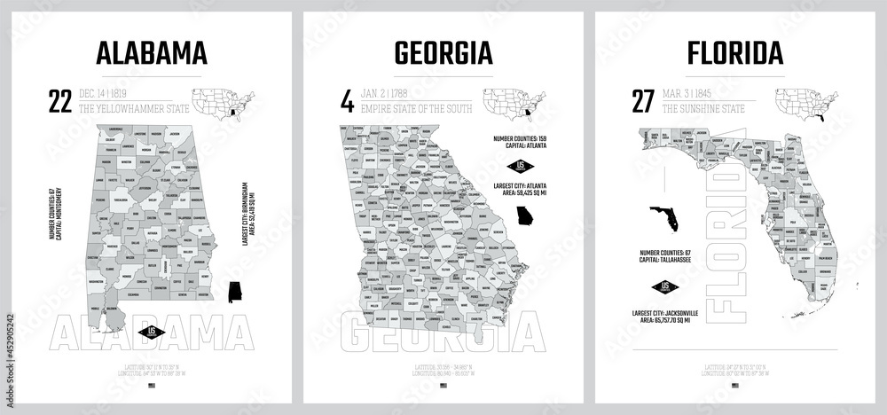 Naklejka premium Highly detailed vector silhouettes of US state maps, Division United States into counties, political and geographic subdivisions, South Atlantic - Alabama, Georgia, Florida - set 10 of 17